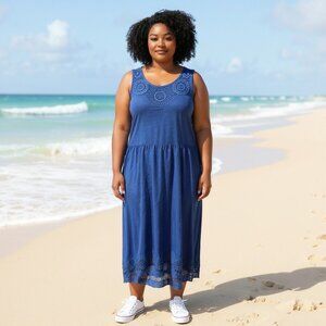 NWT Chico's Crochet Detail Maxi Dress in Solid Wave Blue size XL X-Large